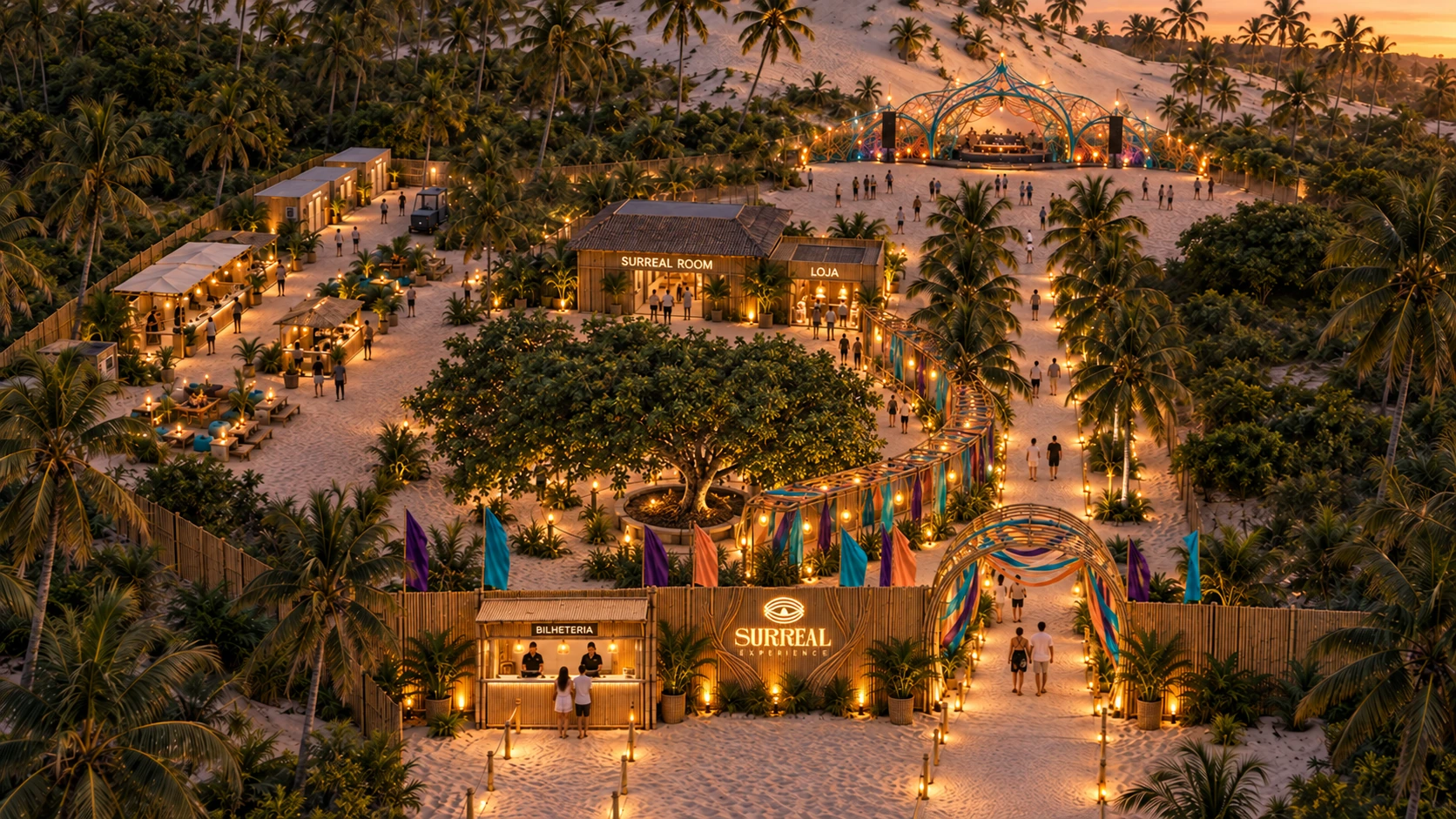 Conceptual map of the Surreal Experience event layout in Jericoacoara